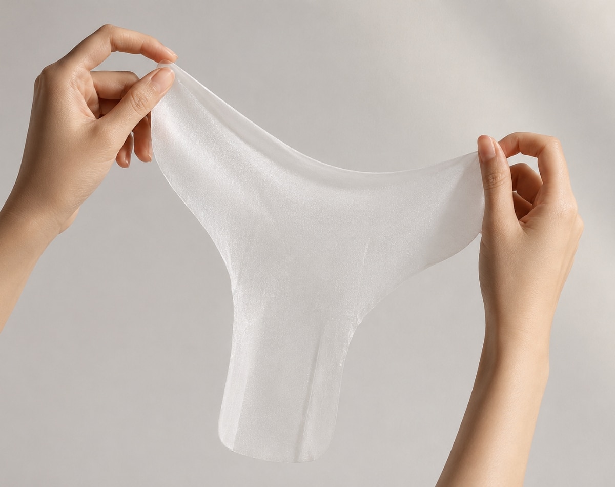 Glow Below Vajacial Mask made with soft wood pulp nonwoven sheet material