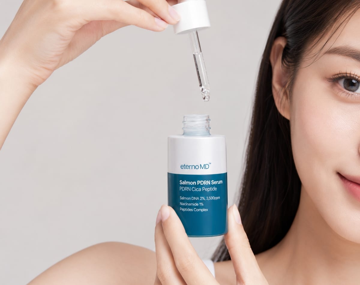 eternoMD Salmon PDRN Serum applied as part of a daily skin recovery skincare routine